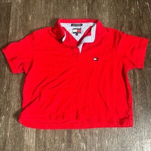Y2K Tommy Hilfiger Red Polo Shirt Womens Logo Cotton Cropped Casual Top Large